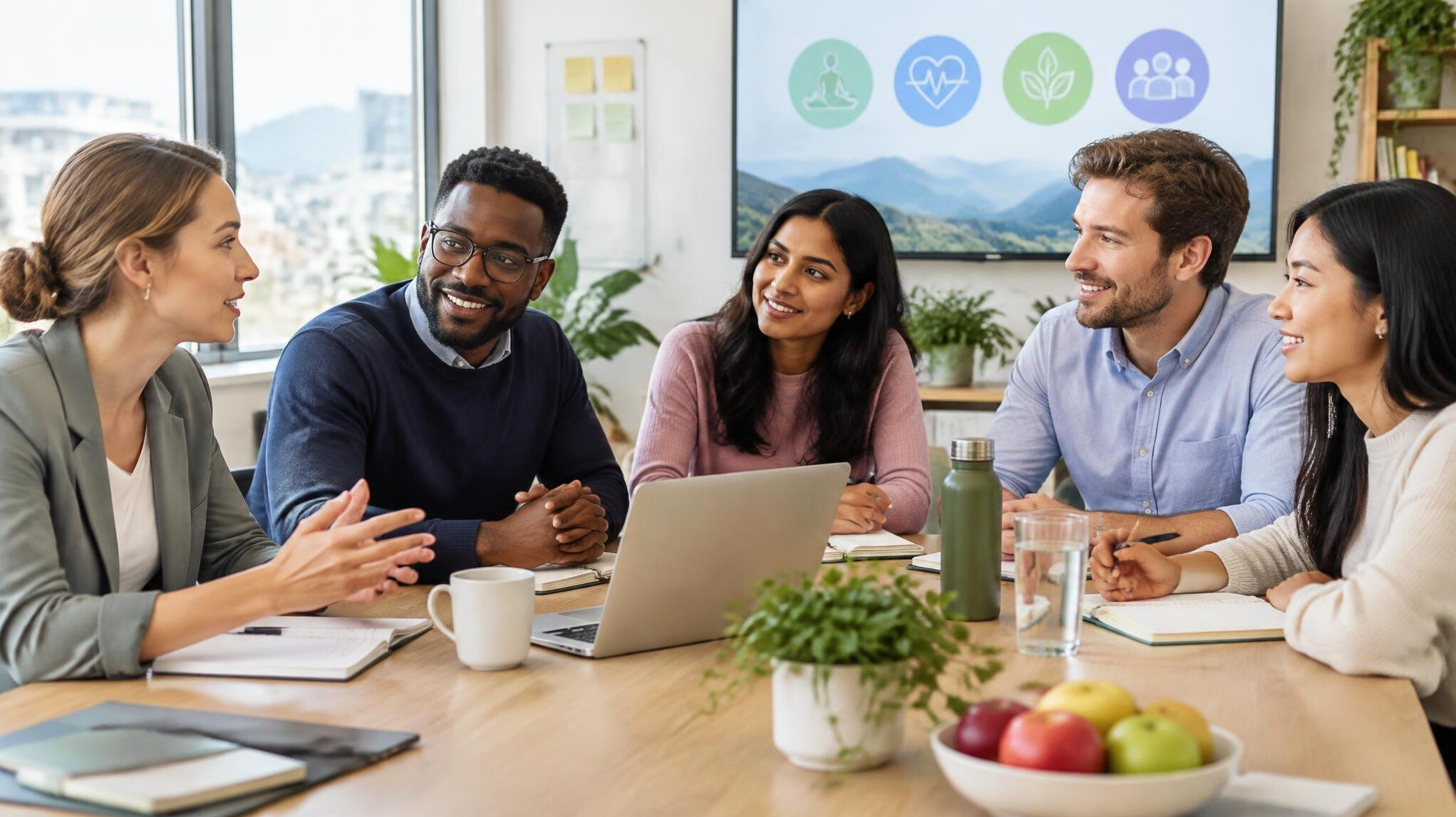 Diverse team of employees in a bright meeting discussing a wellness plan