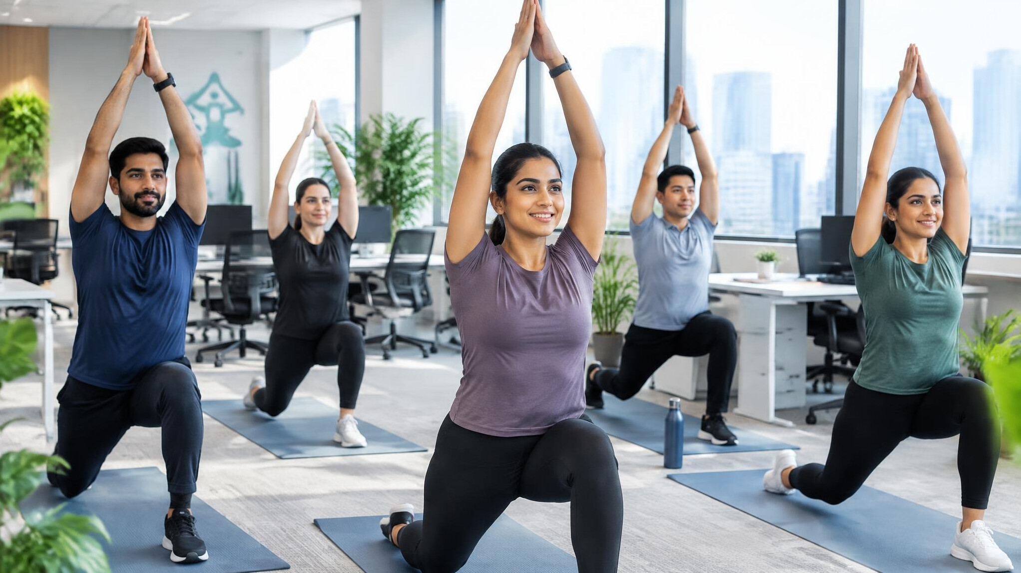 healthy employees exercising in office