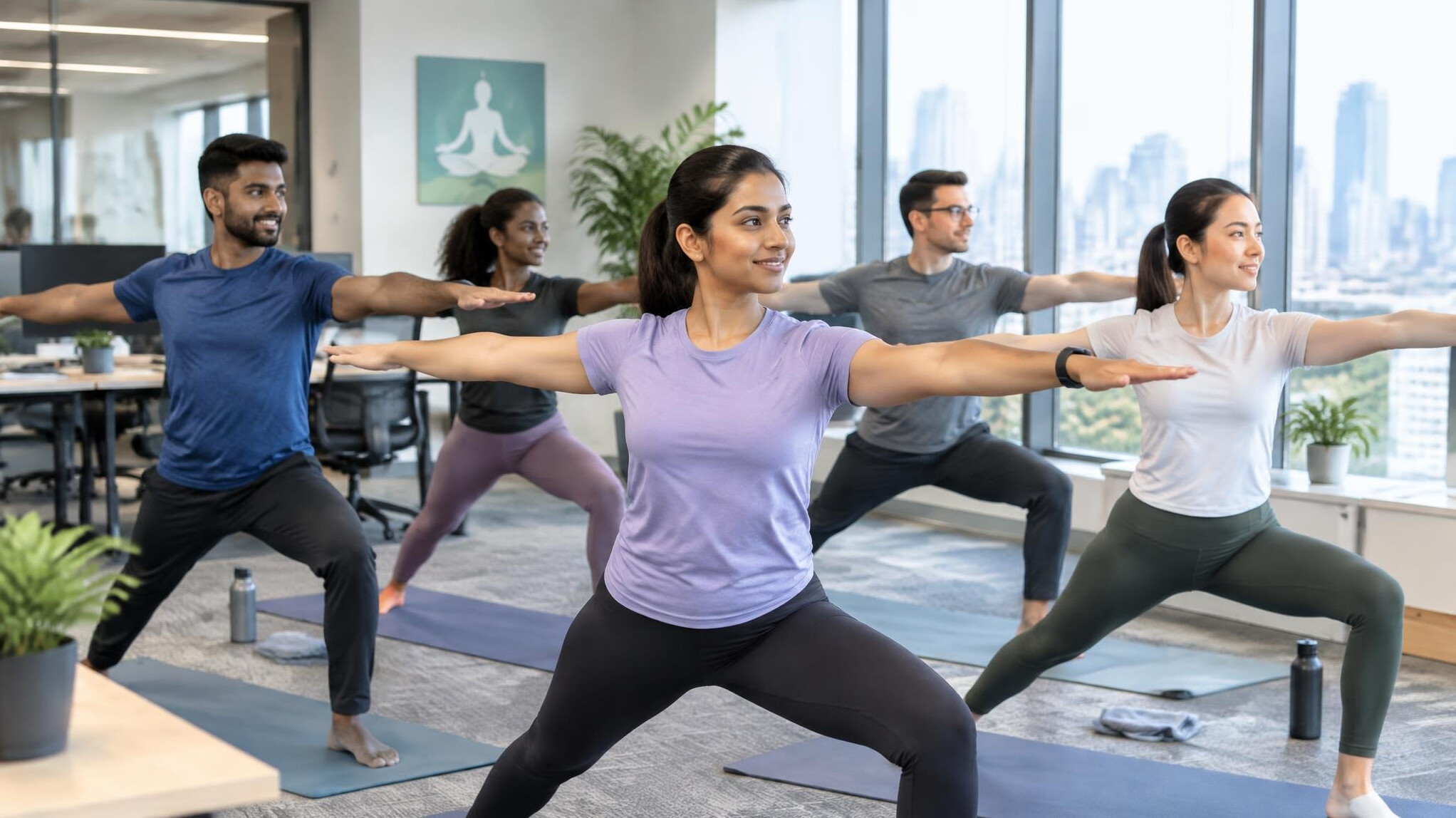 healthy employees exercising in office