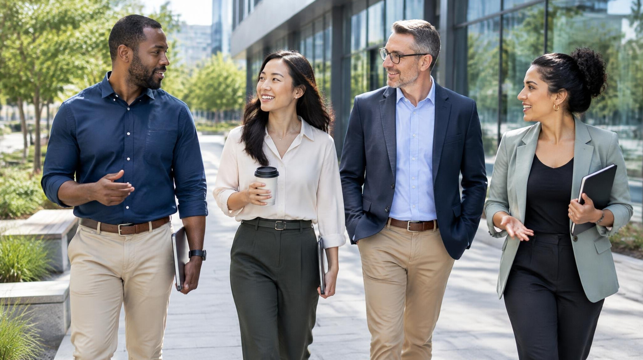 Group of colleagues walking together outdoors during a break
