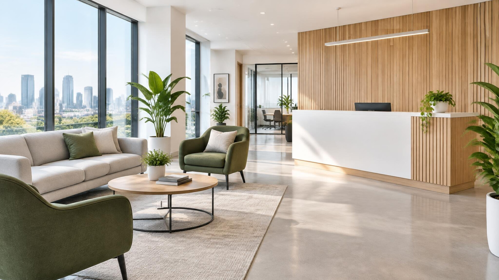 Bright modern office reception area with plants