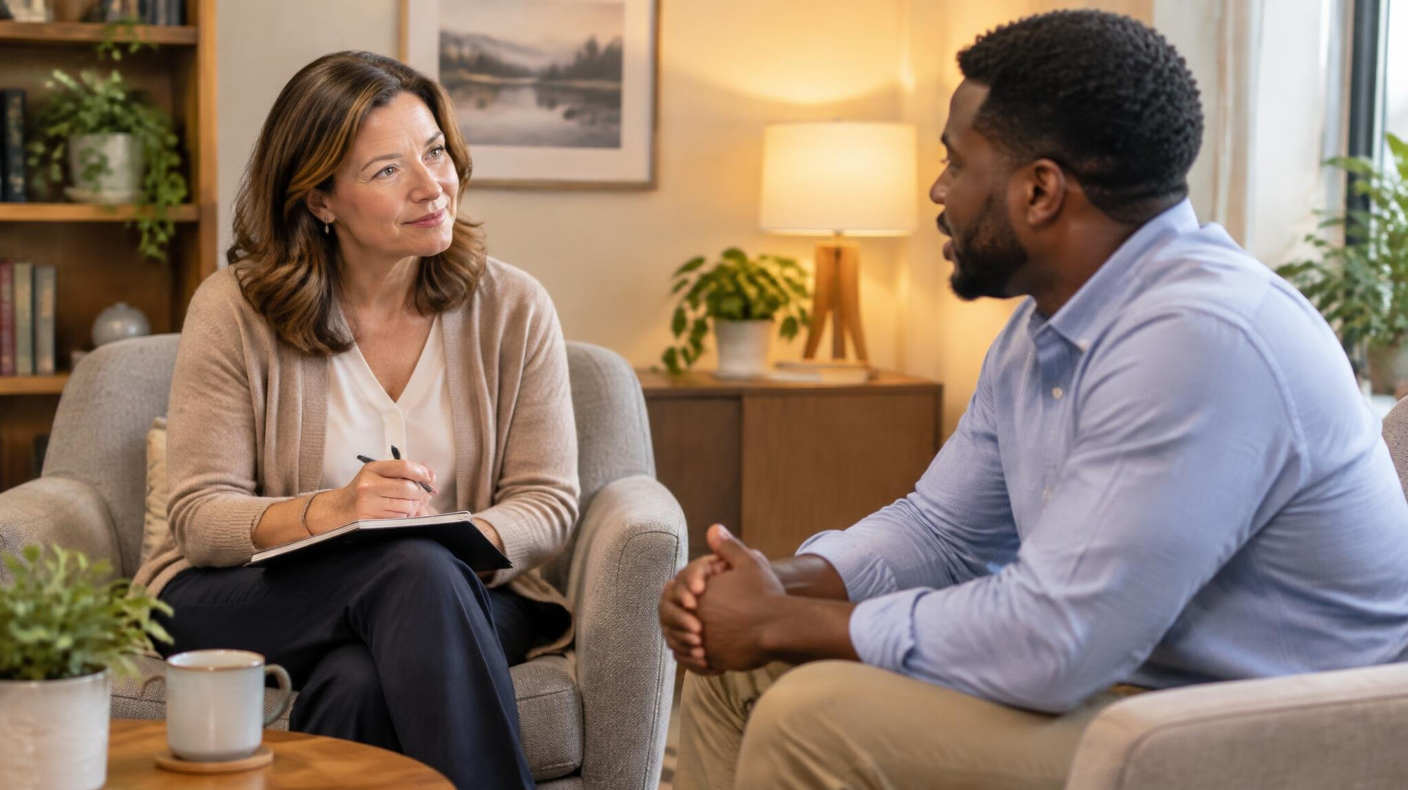 Two people having a calm supportive conversation in a quiet office room