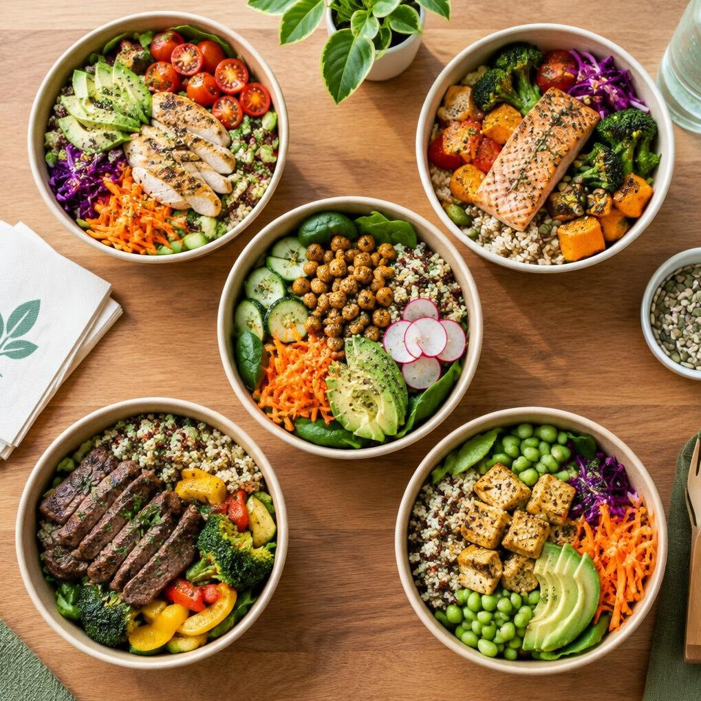 Healthy lunch bowls prepared for an office wellness event