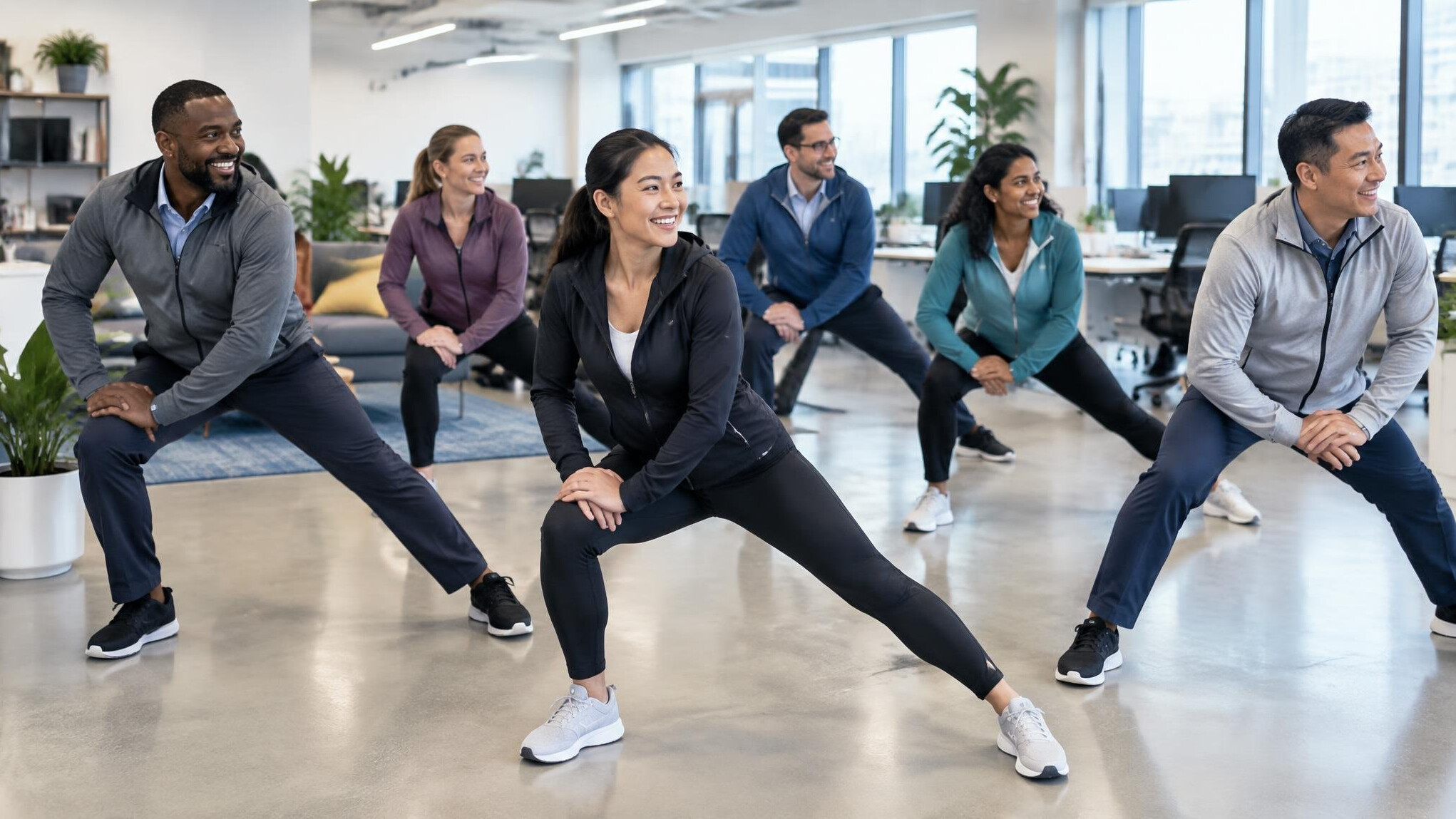 Group of colleagues doing a fitness session in an office space