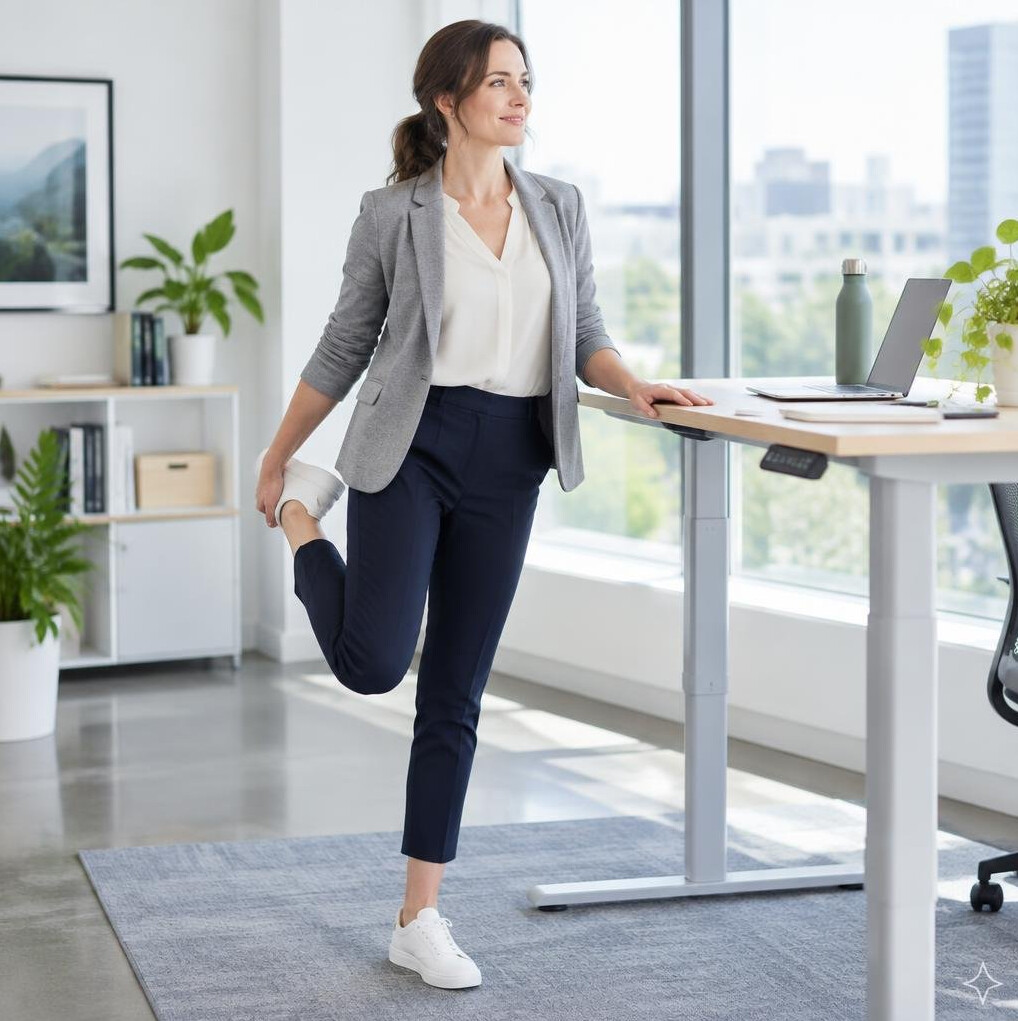 Employee doing a guided stretching exercise at a standing desk