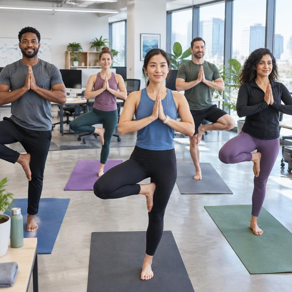 Group of colleagues doing yoga together in an office space